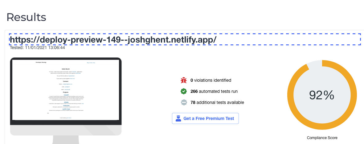 Screenshot of an accessibility scanner showing a score of 92%