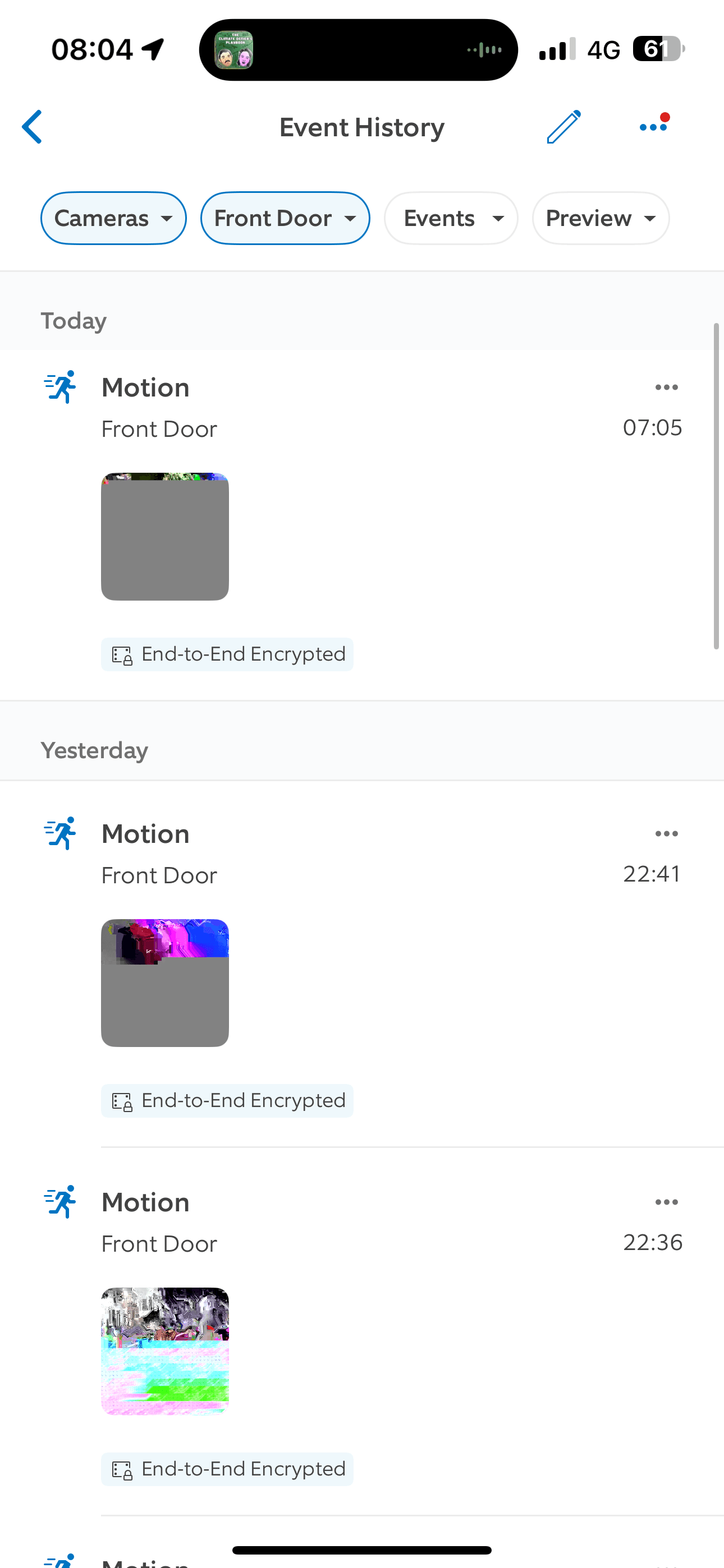 The Ring event history screen, with corrupted, scrambled thumbnails on motion events marked "End-to-End Encrypted"
